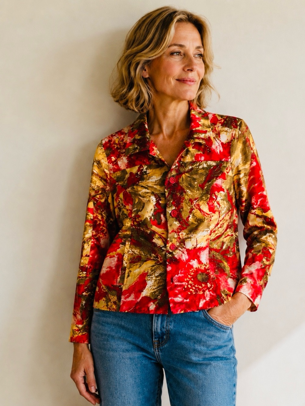 Artsy Floral Print Button Up Cotton Jacket Women’s Medium Red Stretch Art Boho